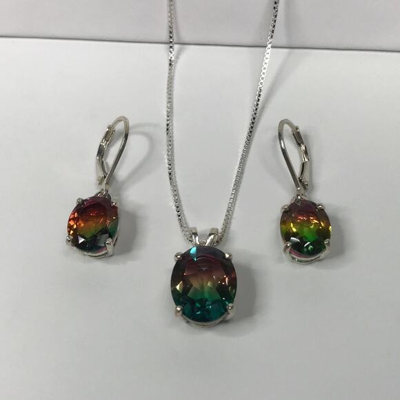 Beautiful Watermelon Tourmaline Quartz Necklace & Earrings Set - Picture 6 of 10